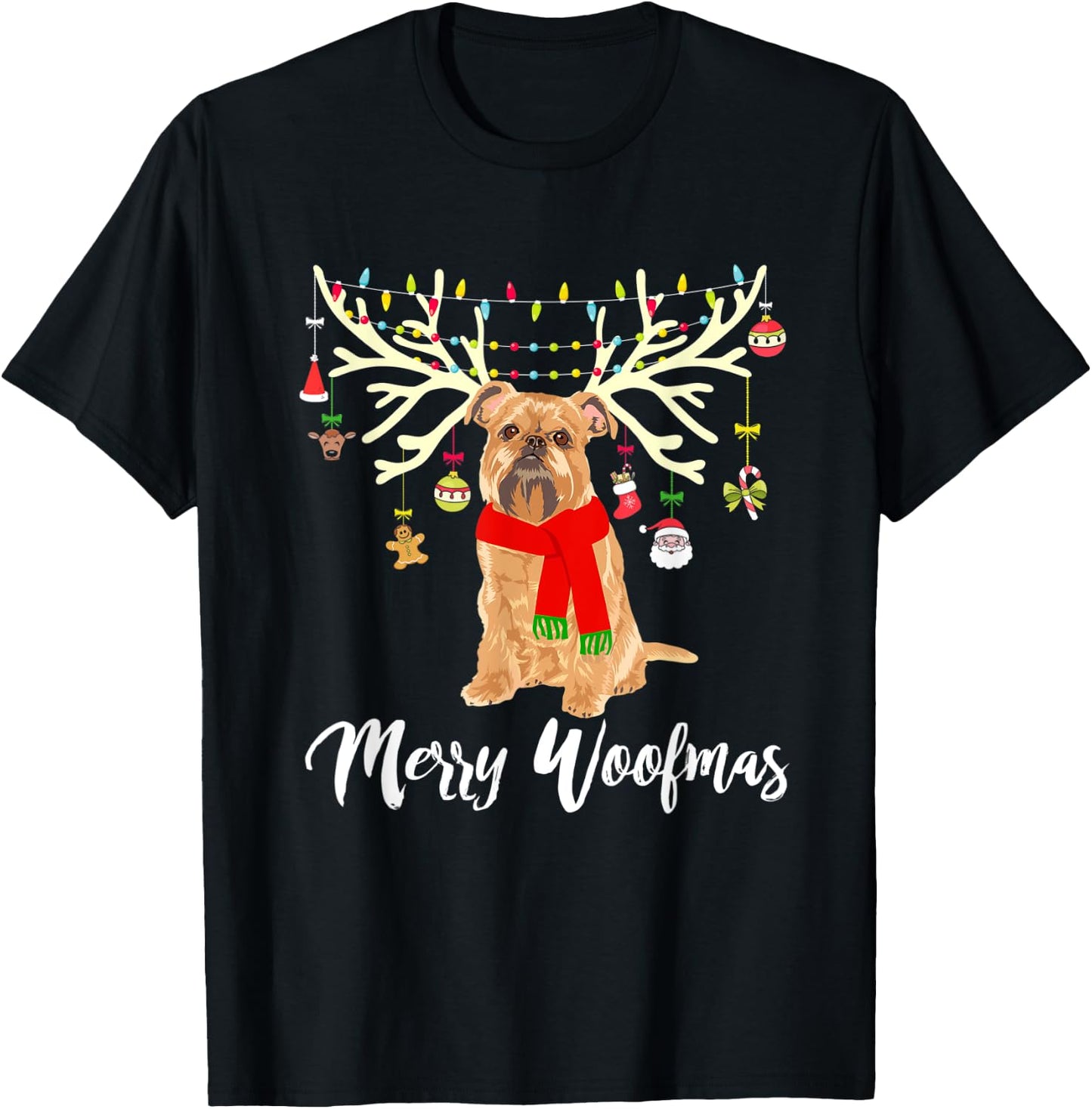 Merry Woofmas Brussels Griffon Reindeer Christmas Dog T-Shirt - T-Shirt | Black