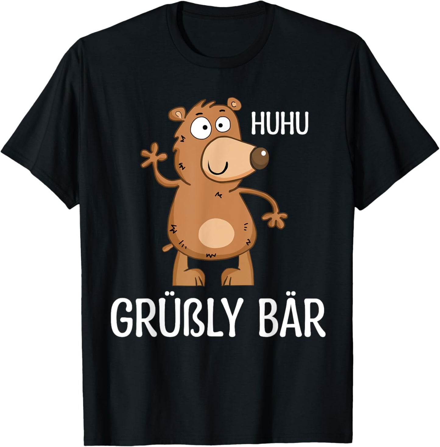 Lustiges Grüßly Bär - Huhu Grüßly Bär Damen Schwarz Cartoon Kurzarm S EU Klein Klassisches Cartoon-Bär mit lockerer Passform und einfachem Manschetten-Design T-Shirt - T-Shirt | Black