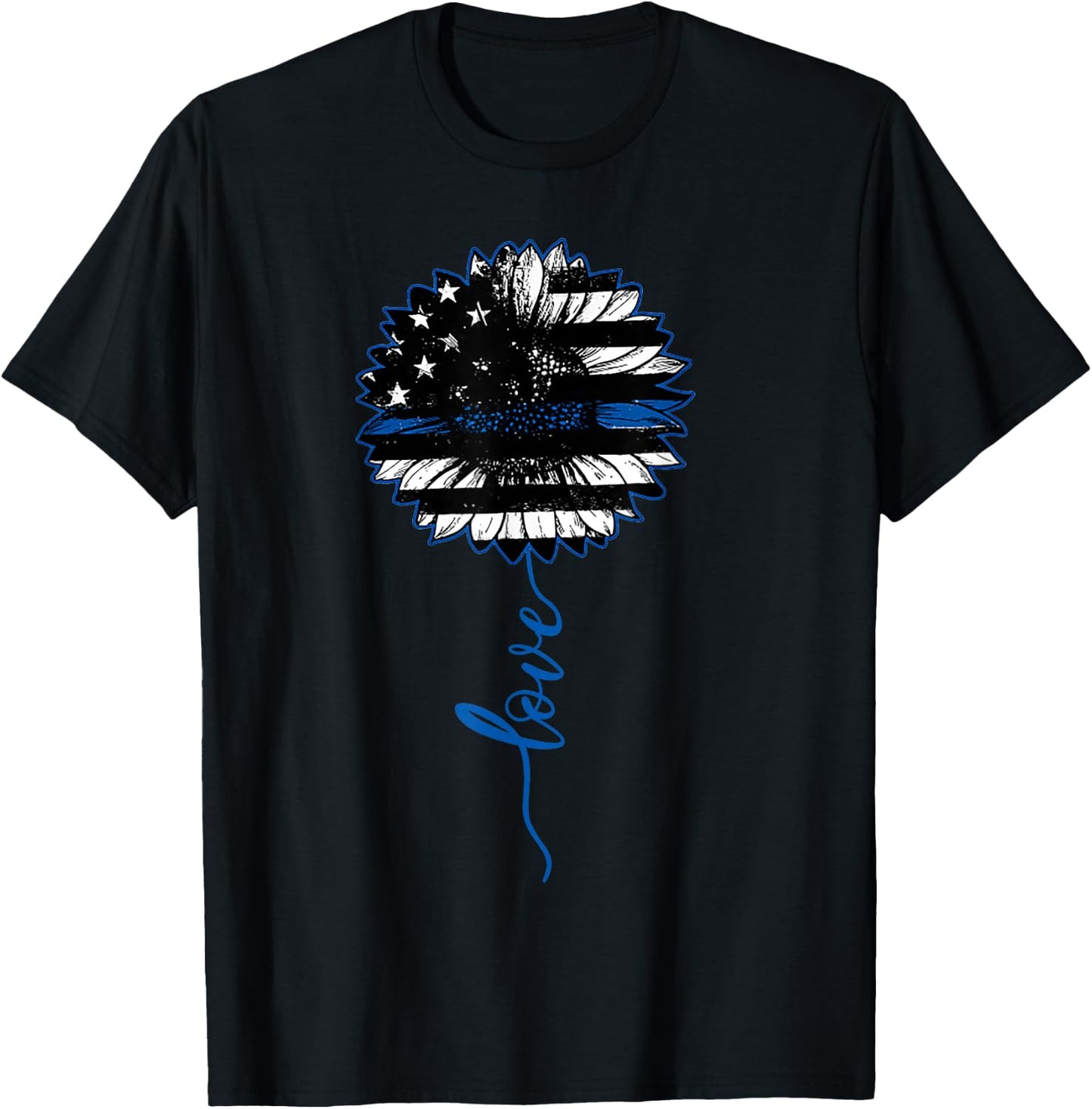 Love Thin Blue Line Sunflower T-Shirt - T-Shirt | Black
