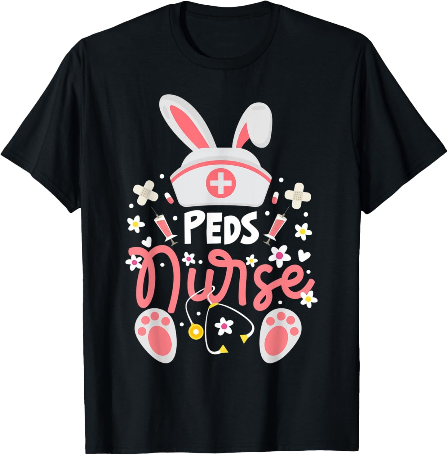 Bunny PEDS Nurse Cute Bunny Ears Hat Nurse Pediatric Nurse T-Shirt - T-Shirt | Black