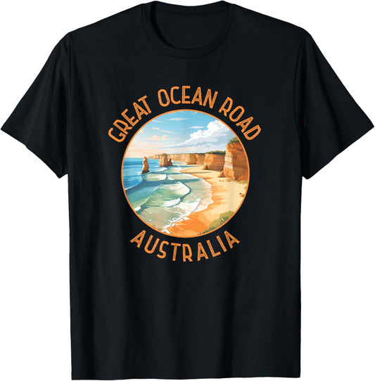 Great Ocean Road Australia Distressed Circle T-Shirt - T-Shirt | Black