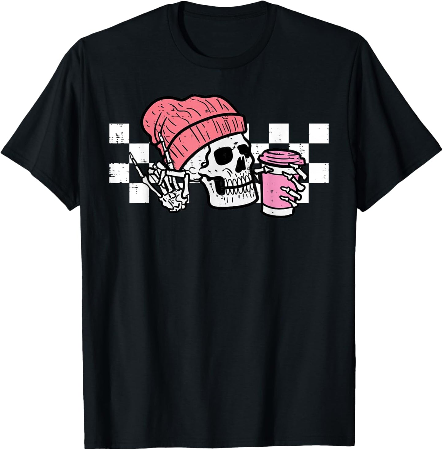 Halloween Skeleton Pink Coffee Retro Costume Women Men Kids T-Shirt - T-Shirt | Black