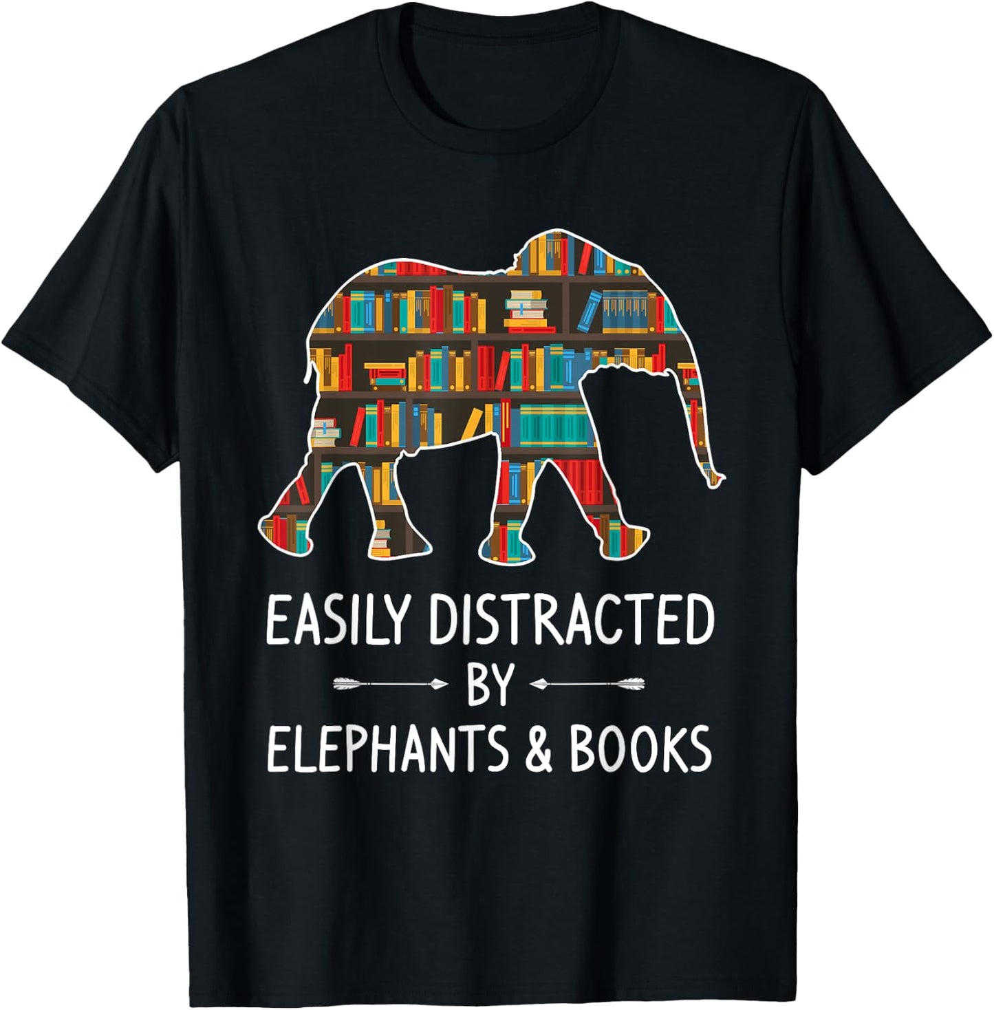 Easily Distracted By Elephants & Books Lover Gift Mammoth T-Shirt - T-Shirt | Black