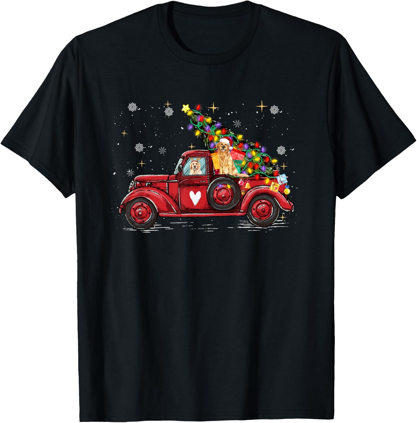 Golden Retriever Dog Love Red Pickup Truck Christmas Men Women Kids T-Shirt - T-Shirt | Black