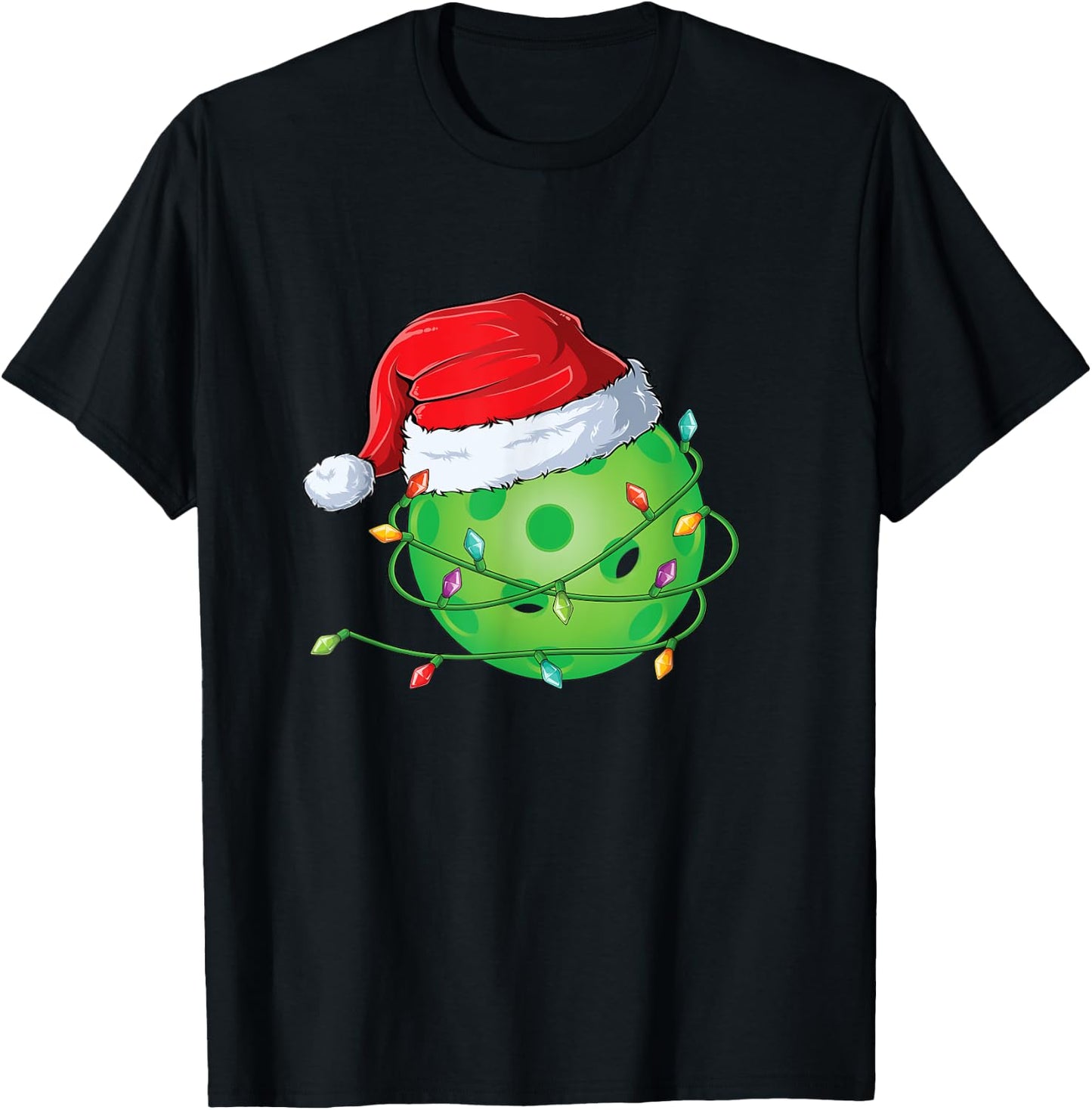 Christmas Pickleball in Santa Hat wrapped in Holiday Lights T-Shirt - T-Shirt | Black