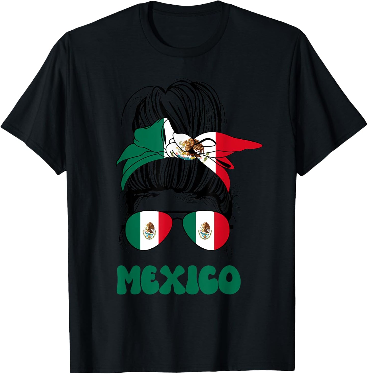 Mexican Women Messy Bun, Proud Mexico Flag For Girls T-Shirt - T-Shirt | Black