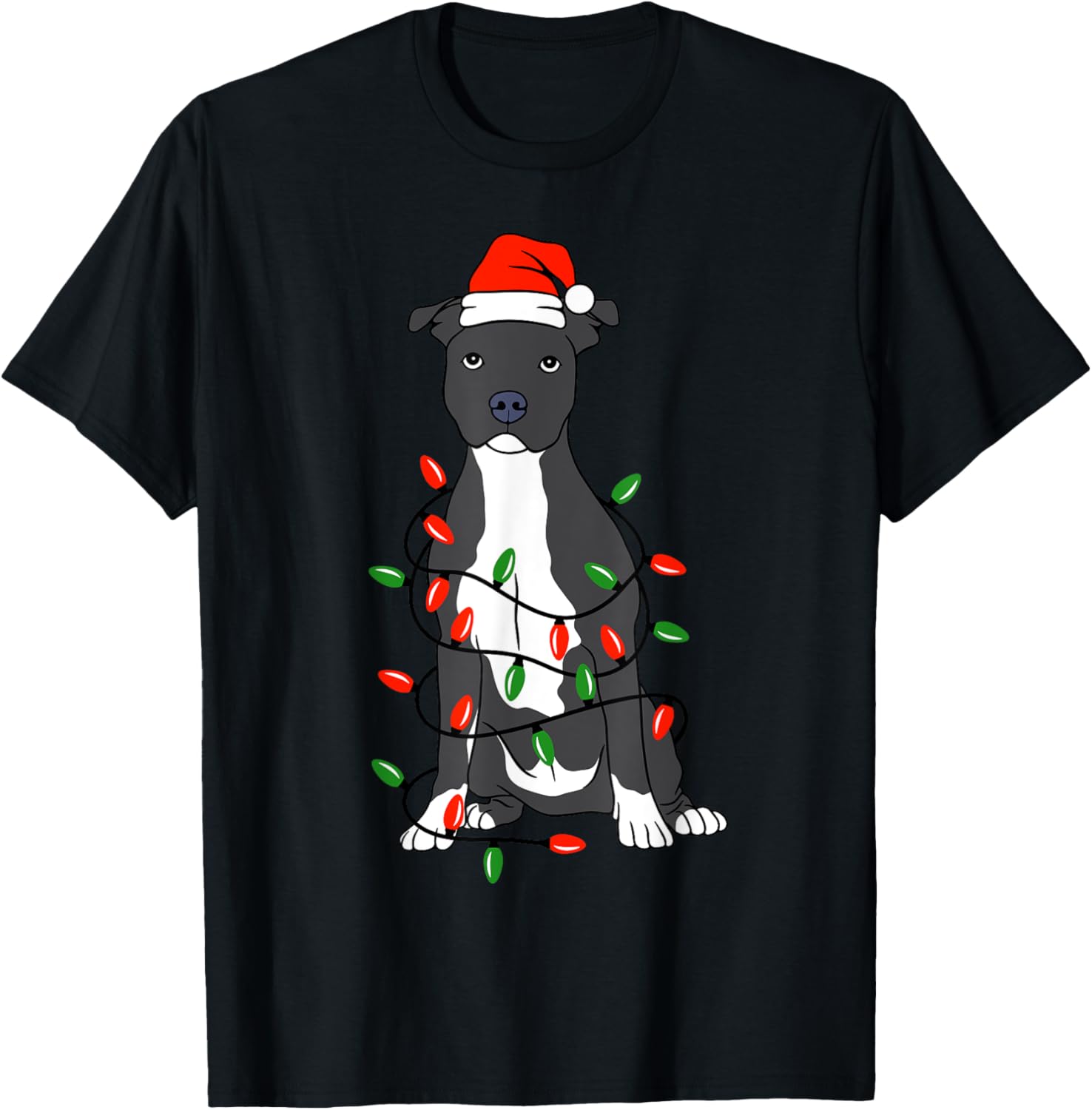 Pittie Pitbull Christmas Santa Hat Lights Xmas Dog Lover T-Shirt - T-Shirt | Black