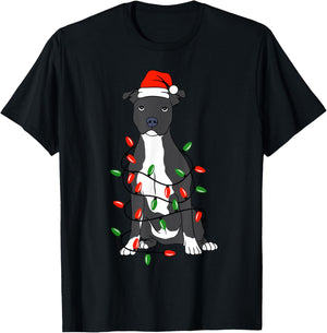 Pittie Pitbull Christmas Santa Hat Lights Xmas Dog Lover T-Shirt - T-Shirt | Black