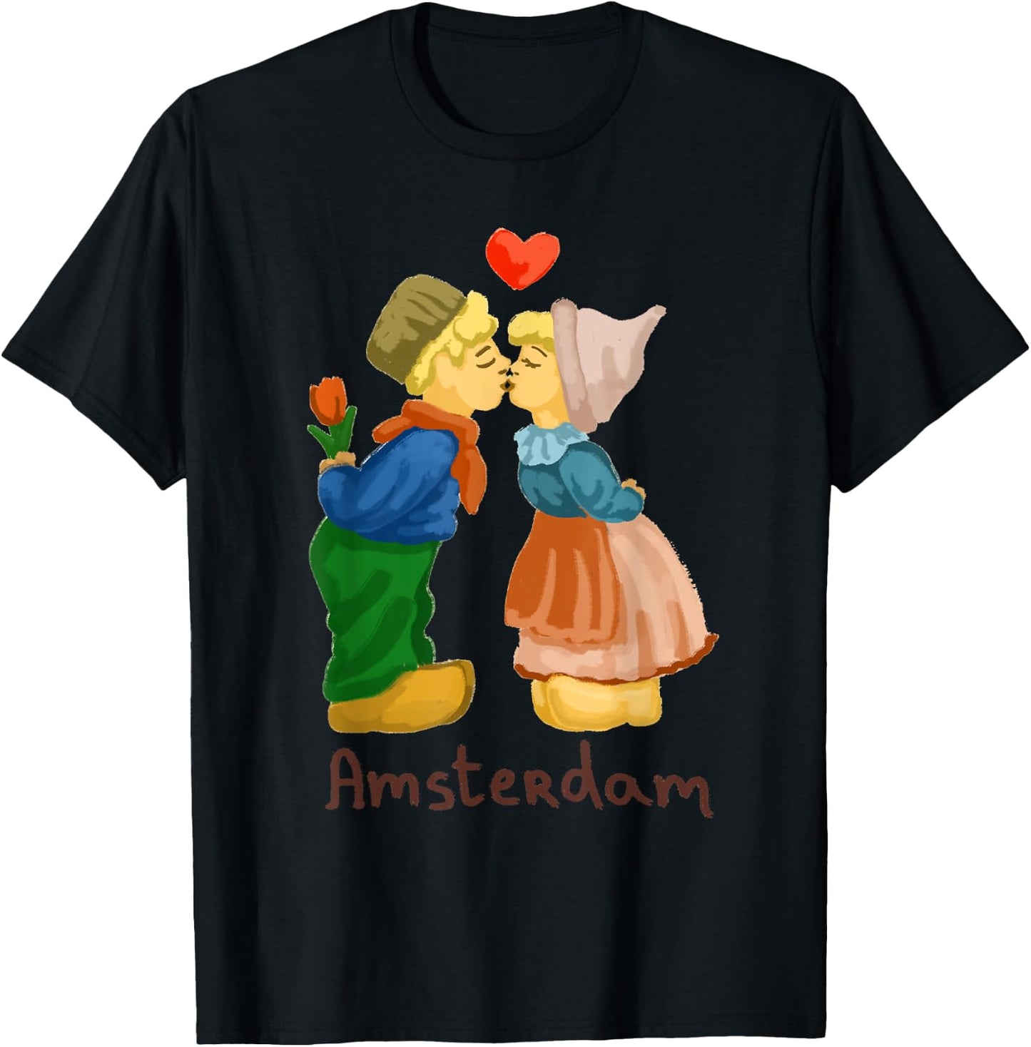 Amsterdam Boy Girl Kiss Love Heart Tulip Holland Netherlands T-Shirt - T-Shirt | Black