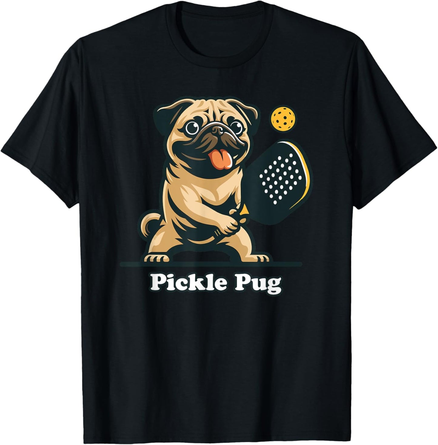 Pug Dad Pug Canine Playing Pickleball Funny Doggo Pickle Pug , Small, Grey T-Shirt - T-Shirt | Black