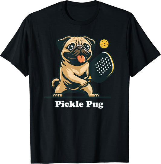 Pug Dad Pug Canine Playing Pickleball Funny Doggo Pickle Pug , Small, Grey T-Shirt - T-Shirt | Black