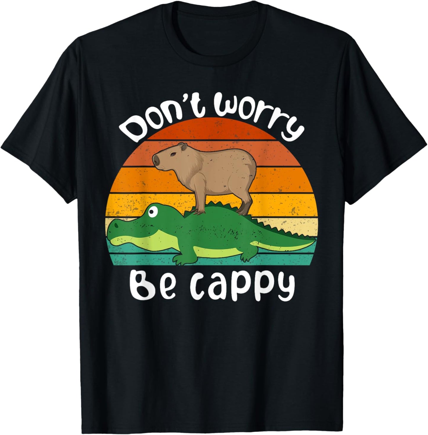 Retro Funny Motivational Capybara Lovers Don't Worry Be Cappy Funny Capybara Riding On A Crocodile -Children & Animal Lovers T-Shirt - T-Shirt | Black