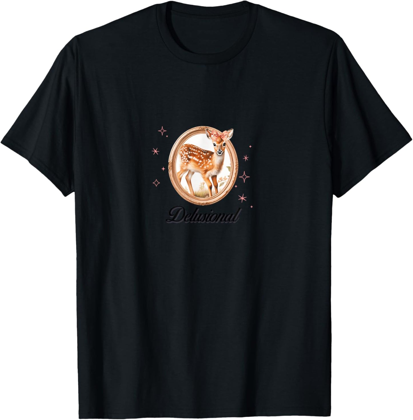Delusional Coquette Deer Pink Bow Ribbon Y2K Aesthetic T-Shirt - T-Shirt | Black