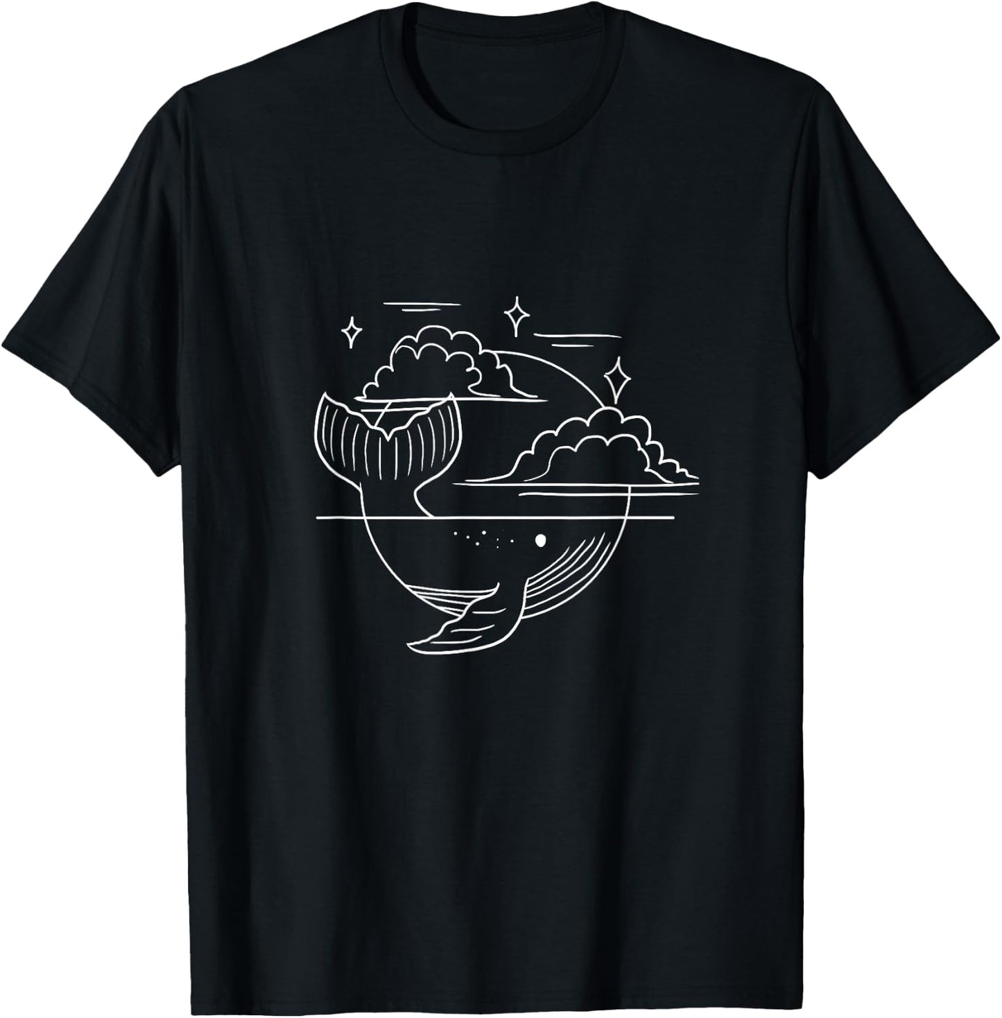 Whale Moon Clouds Minimal Sea Animal Nature Line Art Gift T-Shirt - T-Shirt | Black