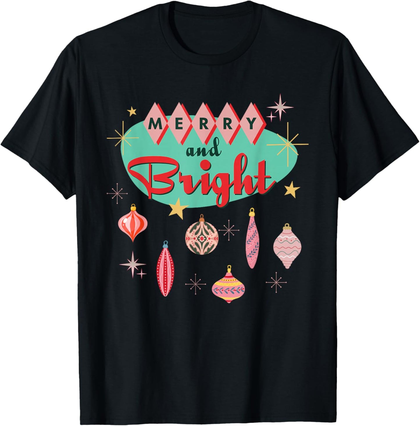 Retro Merry and Bright Mid-Century Modern Christmas Ornament T-Shirt - T-Shirt | Black