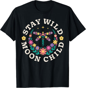 Stay Wild Moon Child Hippie Dragonfly Retro 70s Bug Insect T-Shirt - T-Shirt | Black