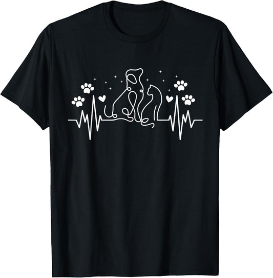Line Art Veterinary Heartbeat Dog and Cat Lovers Vet Tech T-Shirt - T-Shirt | Black