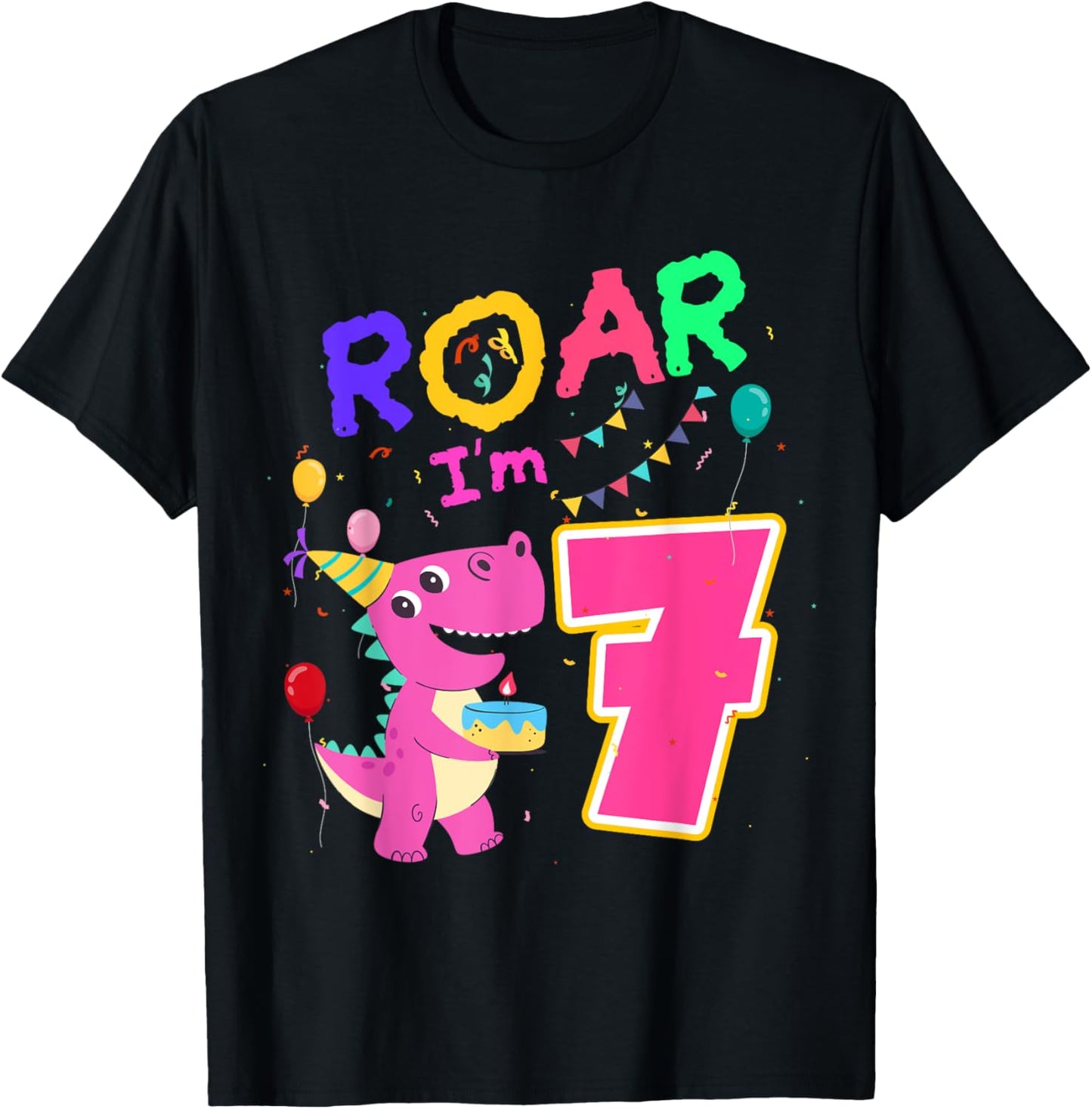 Dino Lover 7th Birthday Dinosaur Girl Party 7 Year Old B-Day T-Shirt - T-Shirt | Black