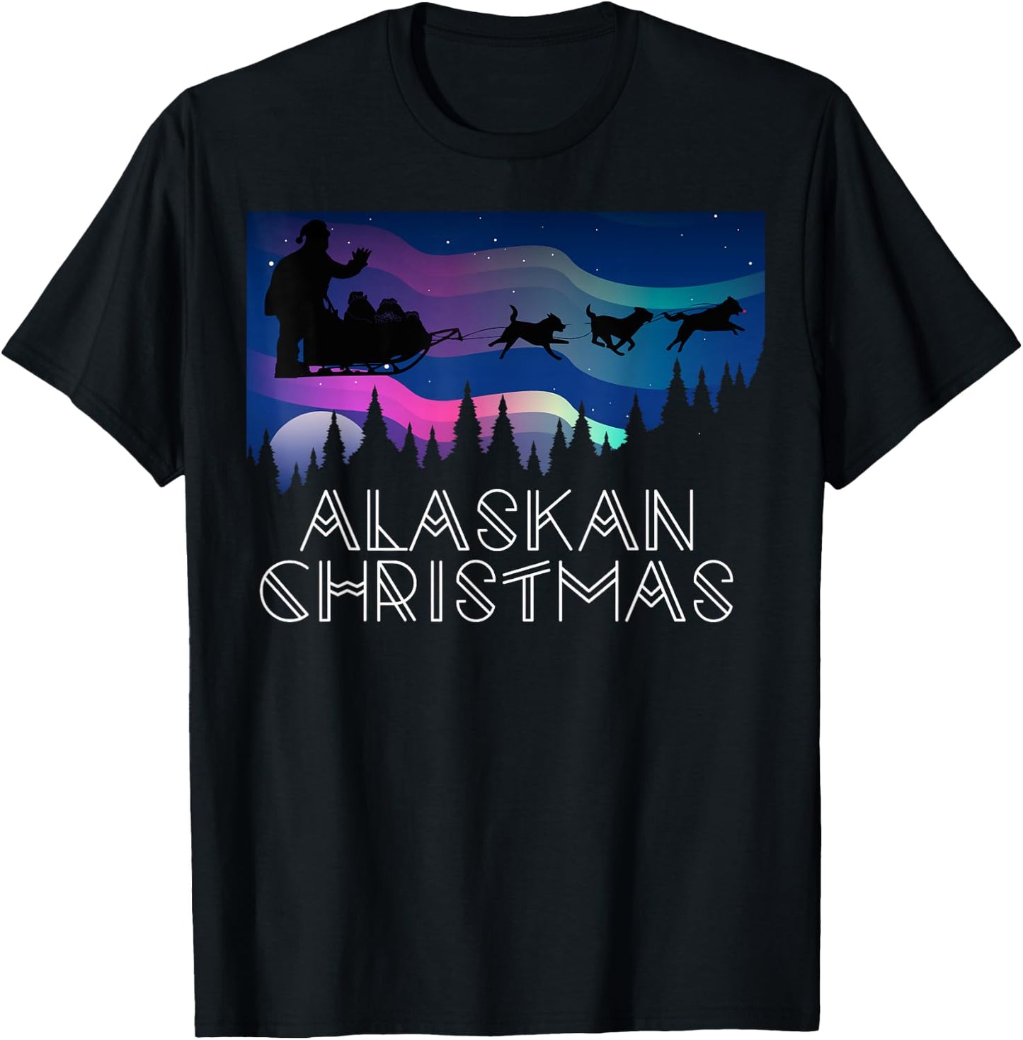 Alaskan Christmas Santa Dog Sled Aurora Borealis Women Kids T-Shirt - T-Shirt | Black