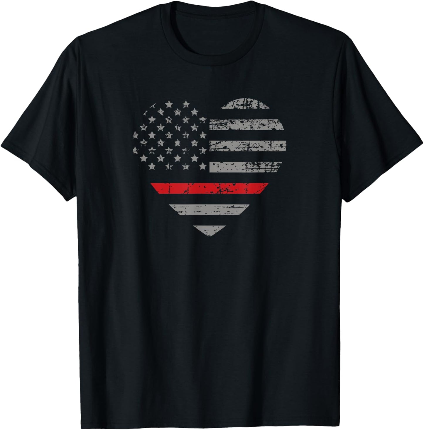 Thin Red Line Heart American Flag T-Shirt - T-Shirt | Black