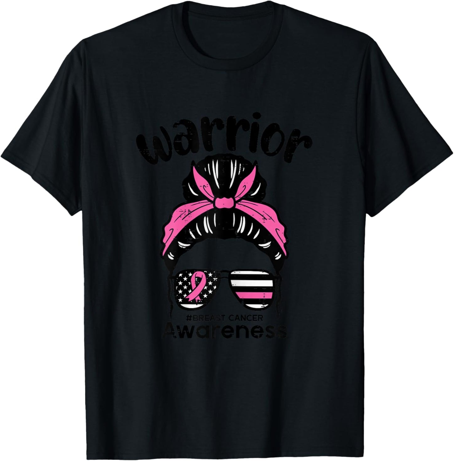 Breast Cancer Awareness Warrior Messy Bun Pink Ribbon Women T-Shirt - T-Shirt | Black