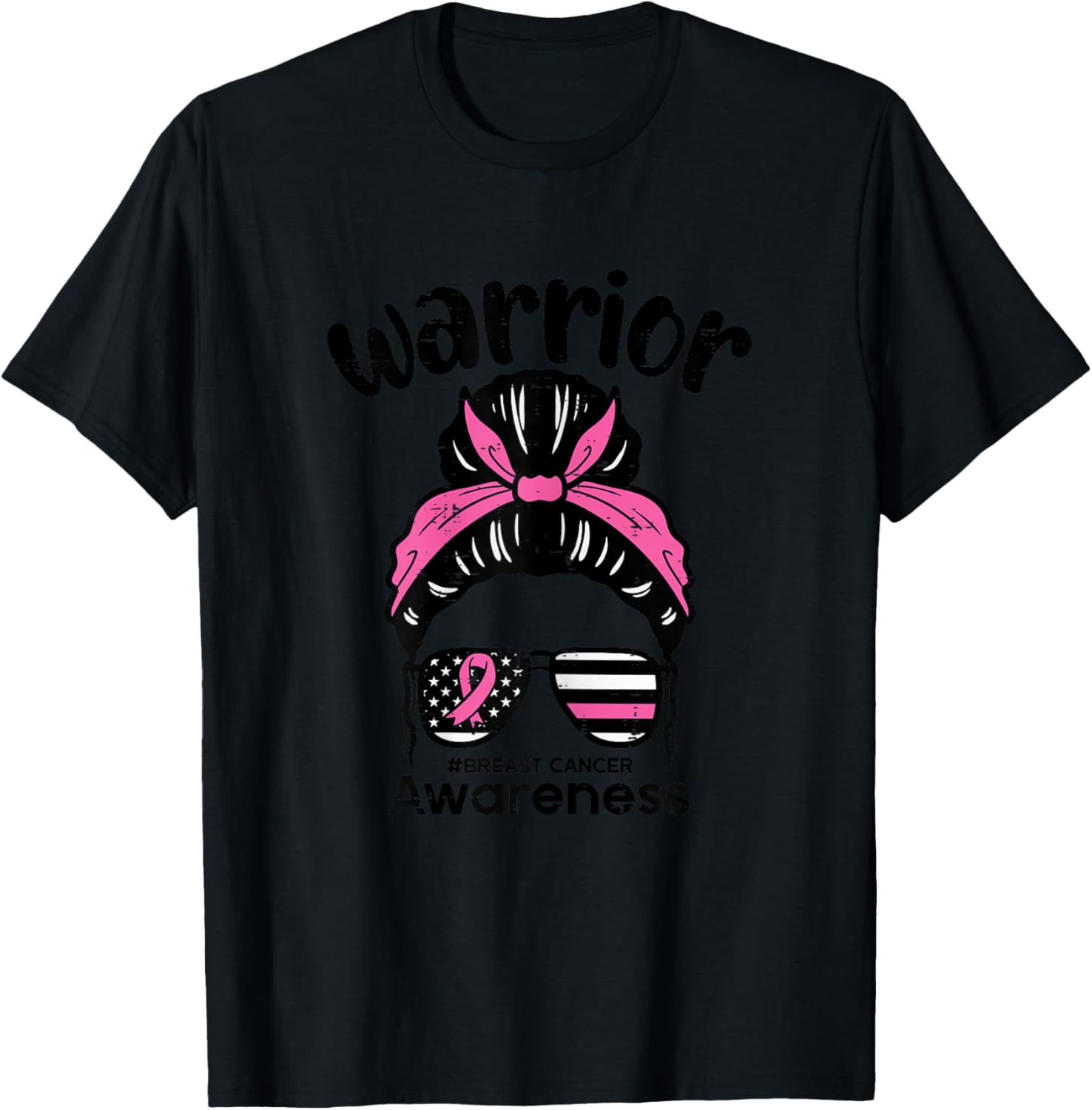 Breast Cancer Awareness Warrior Messy Bun Pink Ribbon Women T-Shirt - T-Shirt | Black