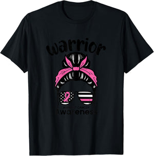 Breast Cancer Awareness Warrior Messy Bun Pink Ribbon Women T-Shirt - T-Shirt | Black