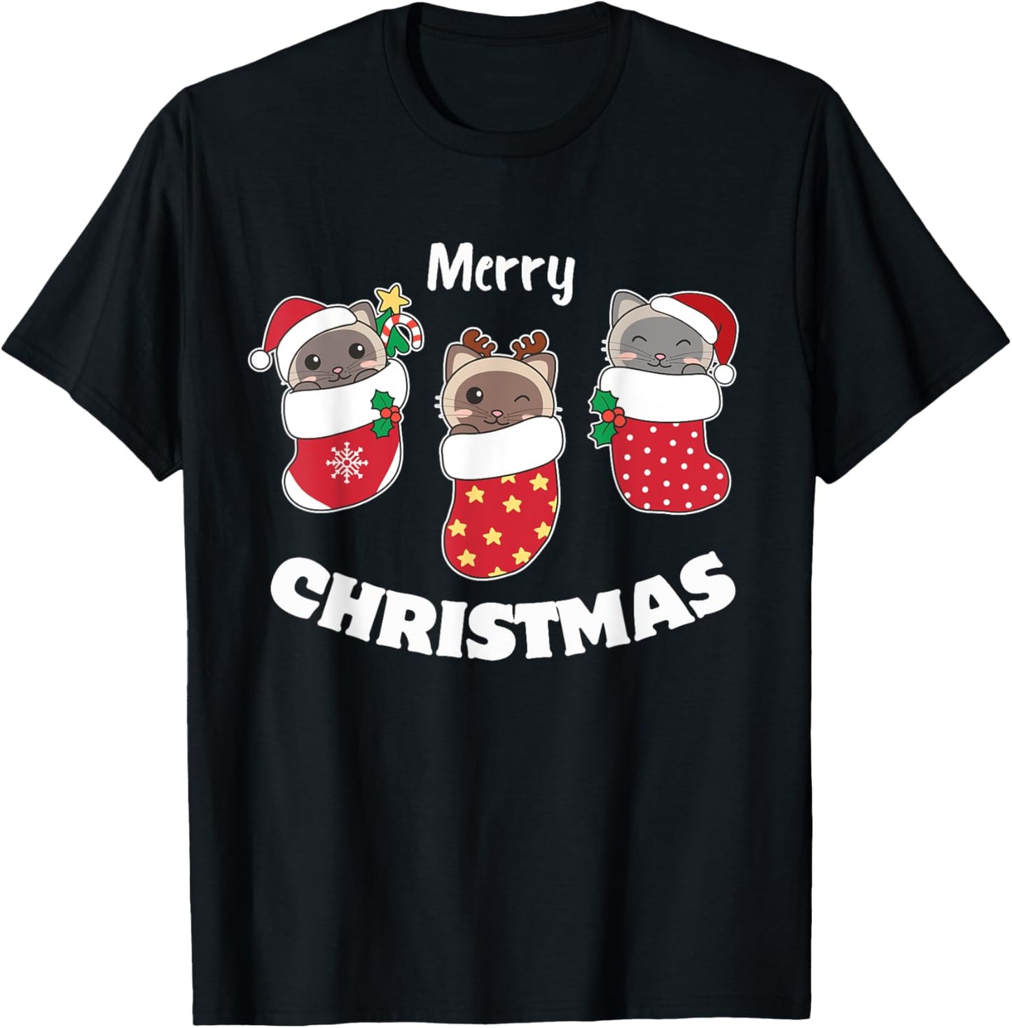 Cute Siamese Cats In Christmas Stockings For Christmas T-Shirt - T-Shirt | Black