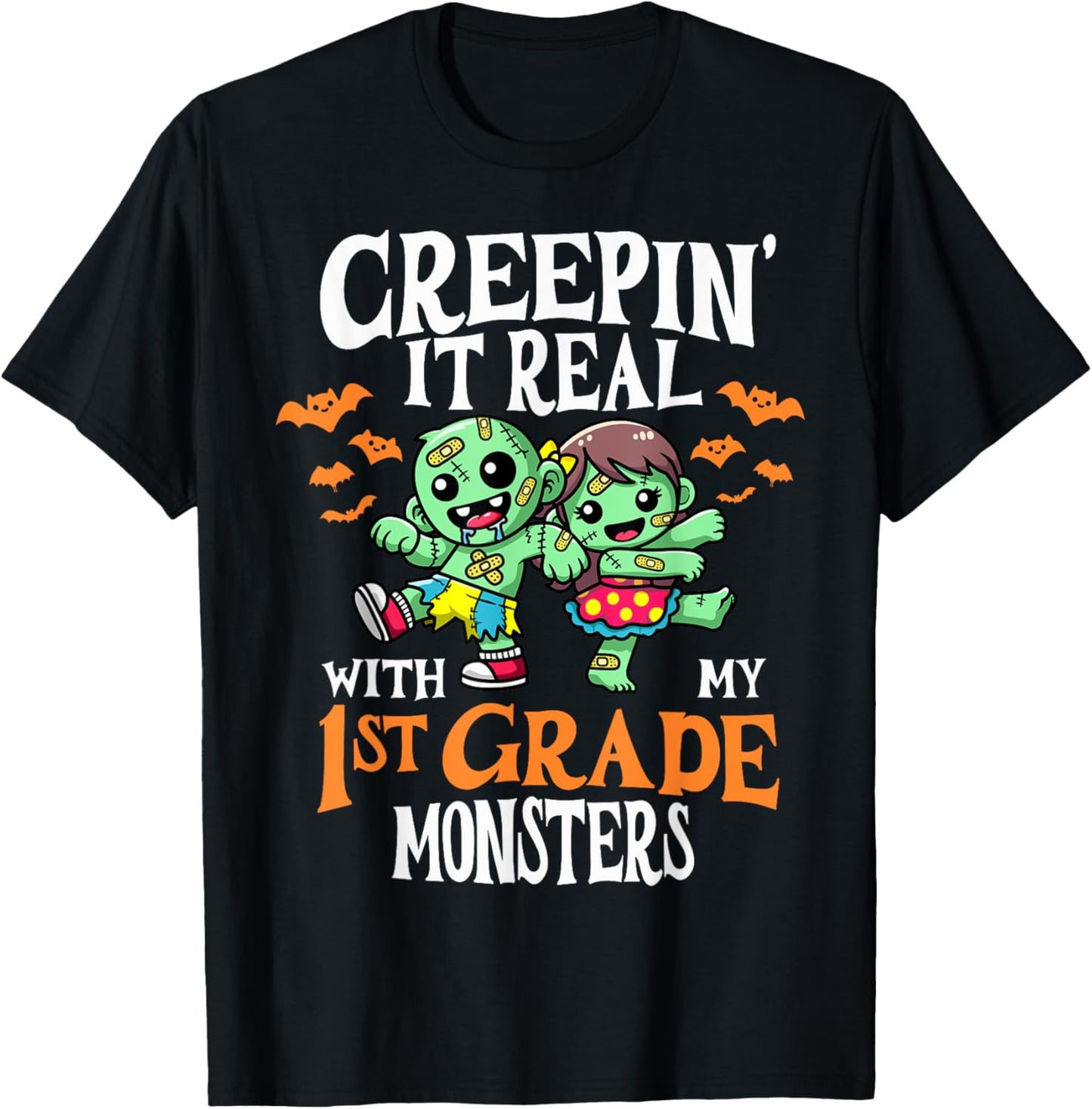 Creepin It Real Monster School 1st Grade Teacher Halloween T-Shirt - T-Shirt | Black
