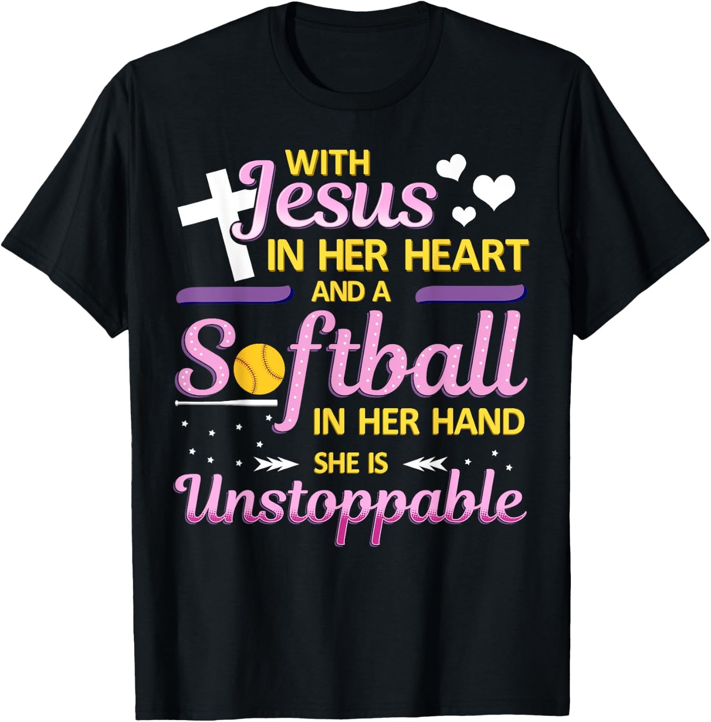 Jesus in Her Heart and Softball in Her Hand Christ Baseball T-Shirt - T-Shirt | Black
