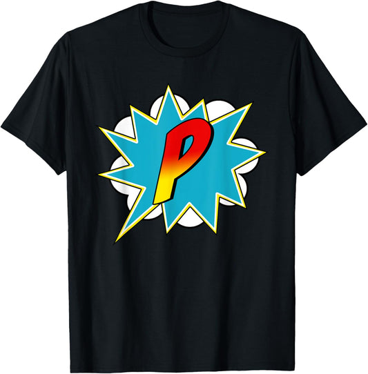 Letter P Superhero Name Comic Letter Retro Costume T-Shirt - T-Shirt | Black