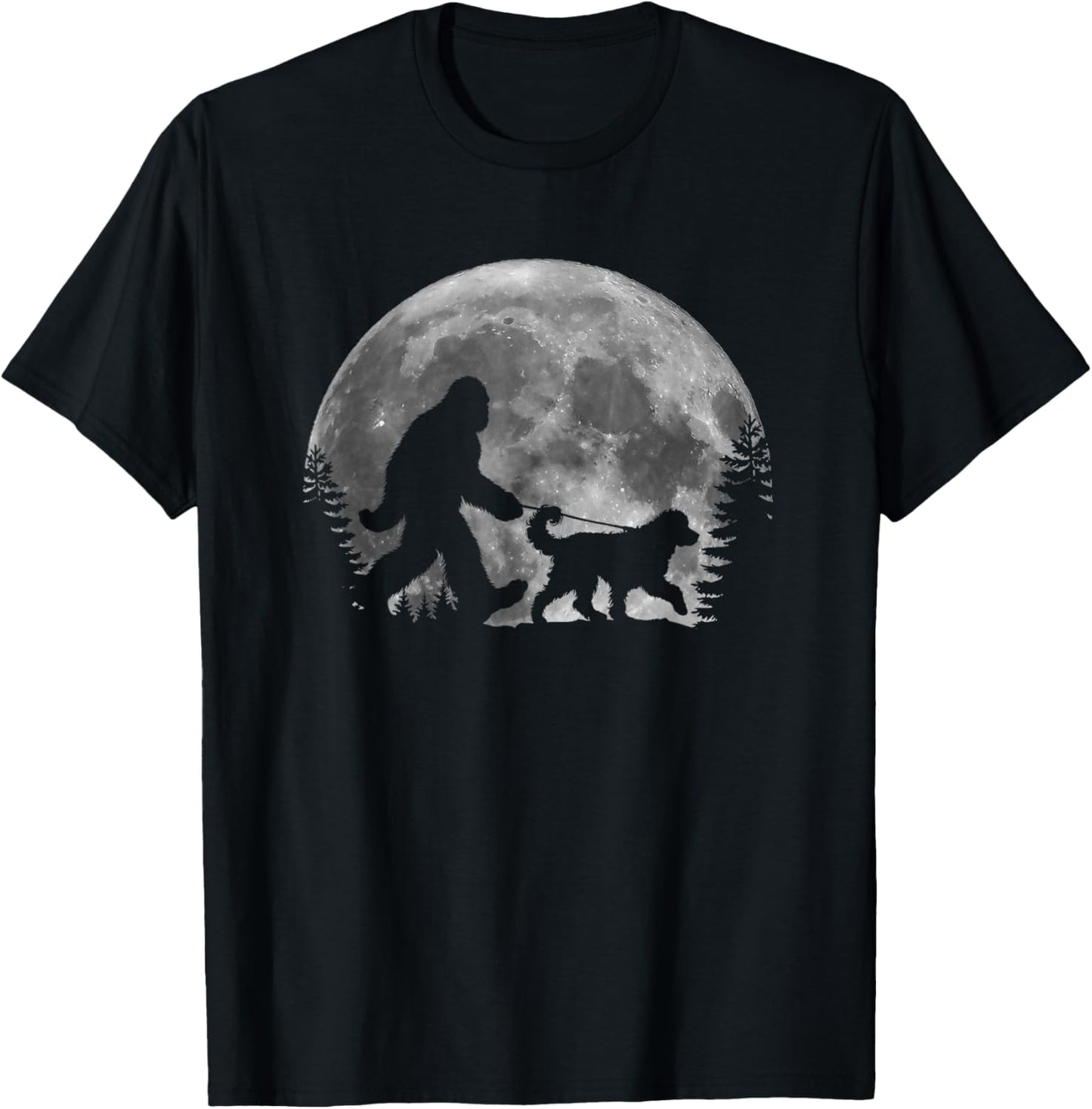 Bigfoot Walking a Dog Funny Bernedoodle Lover Moon Halloween T-Shirt - T-Shirt | Black