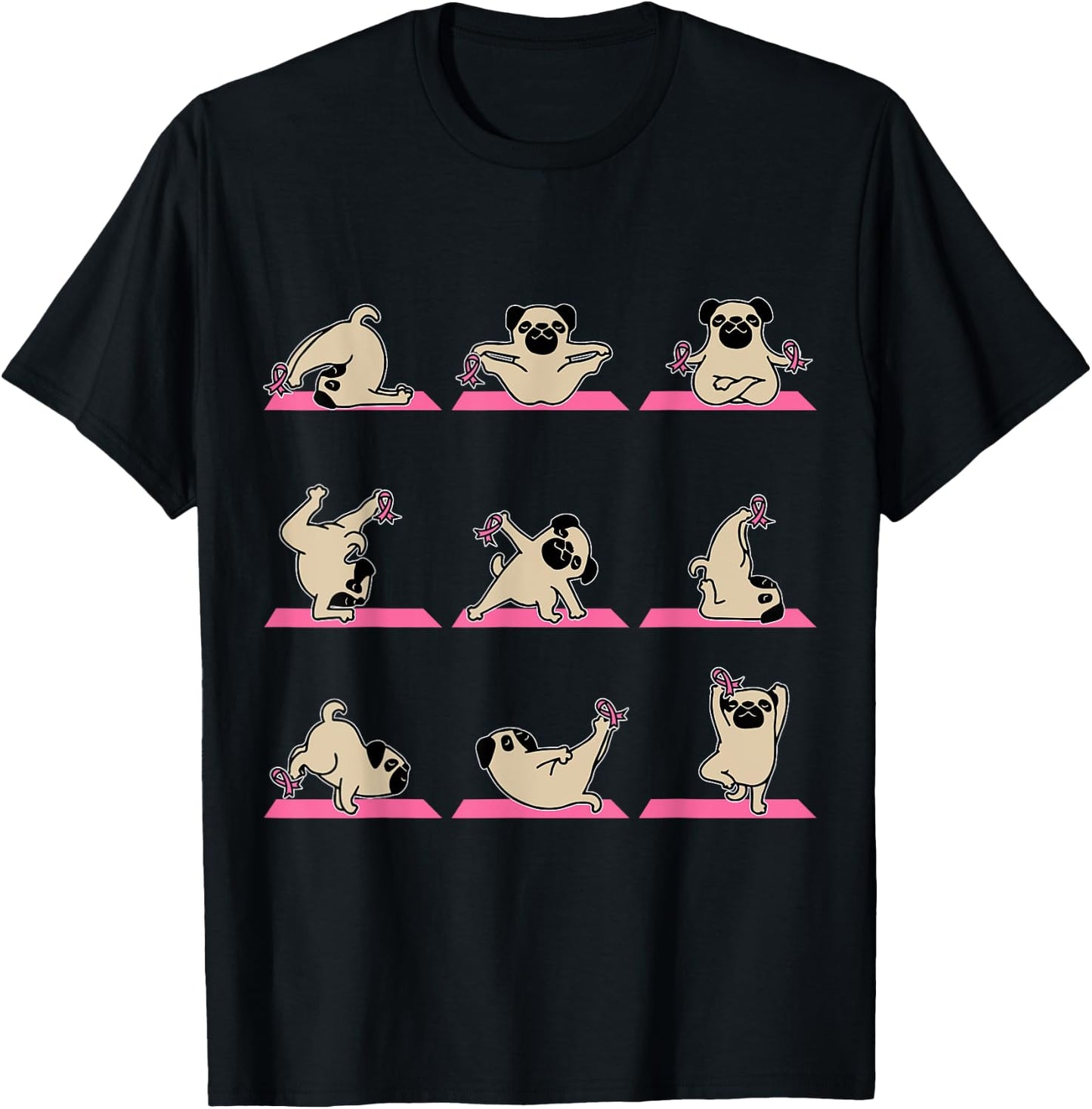 Pug Yoga Pink Ribbon Funny Dog Breast Cancer Awareness Gifts Women Kids T-Shirt - T-Shirt | Black