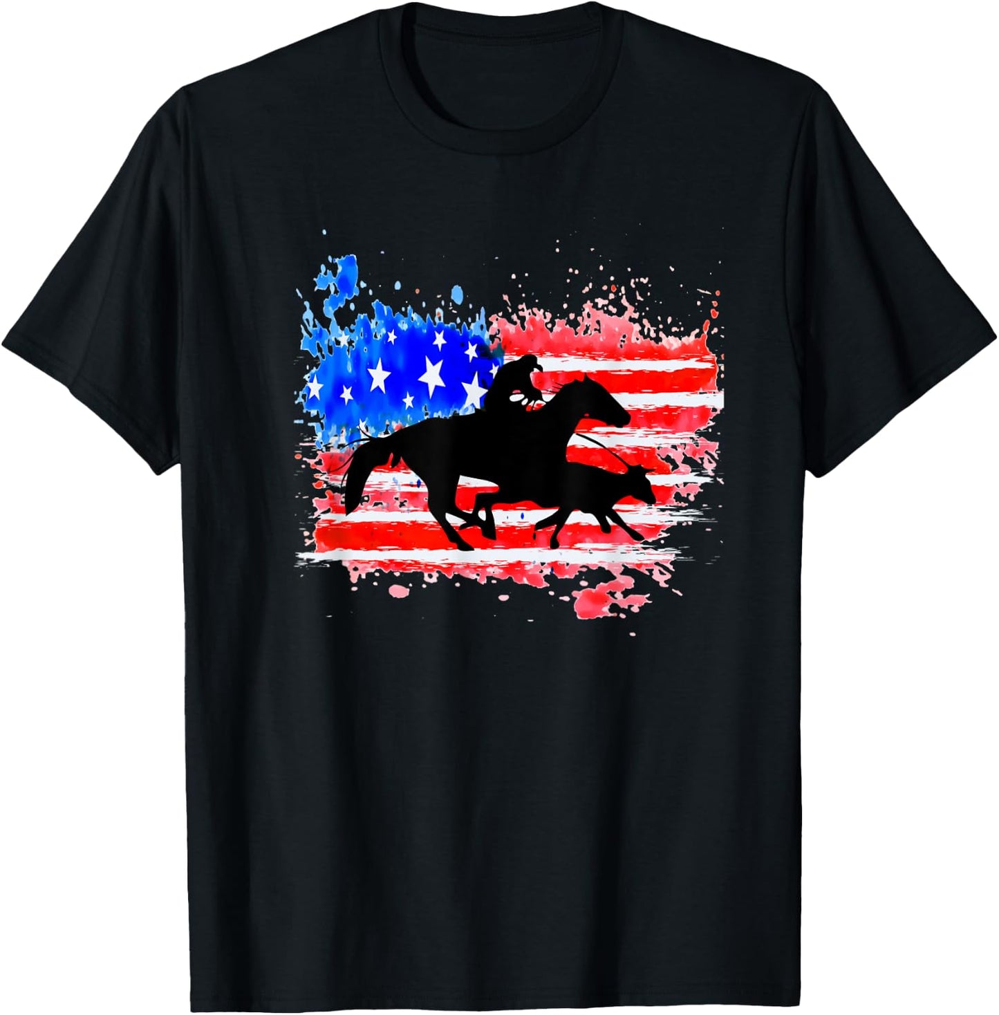 American Flag Cowhorse Horse Calf Roping T-Shirt - T-Shirt | Black