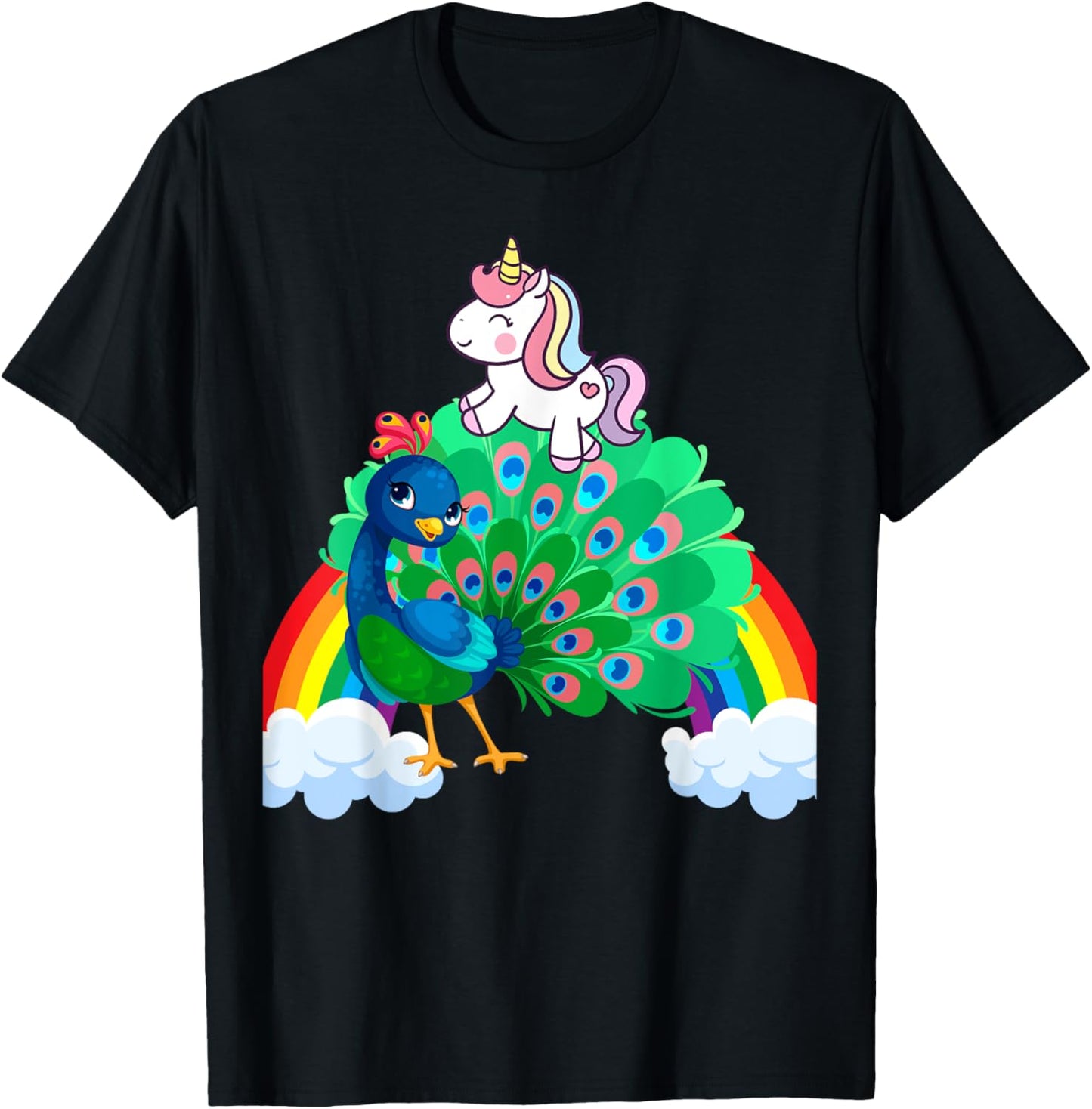 Unicorn Riding Peacock Boys Girls Men Women Kids Rainbow T-Shirt - T-Shirt | Black