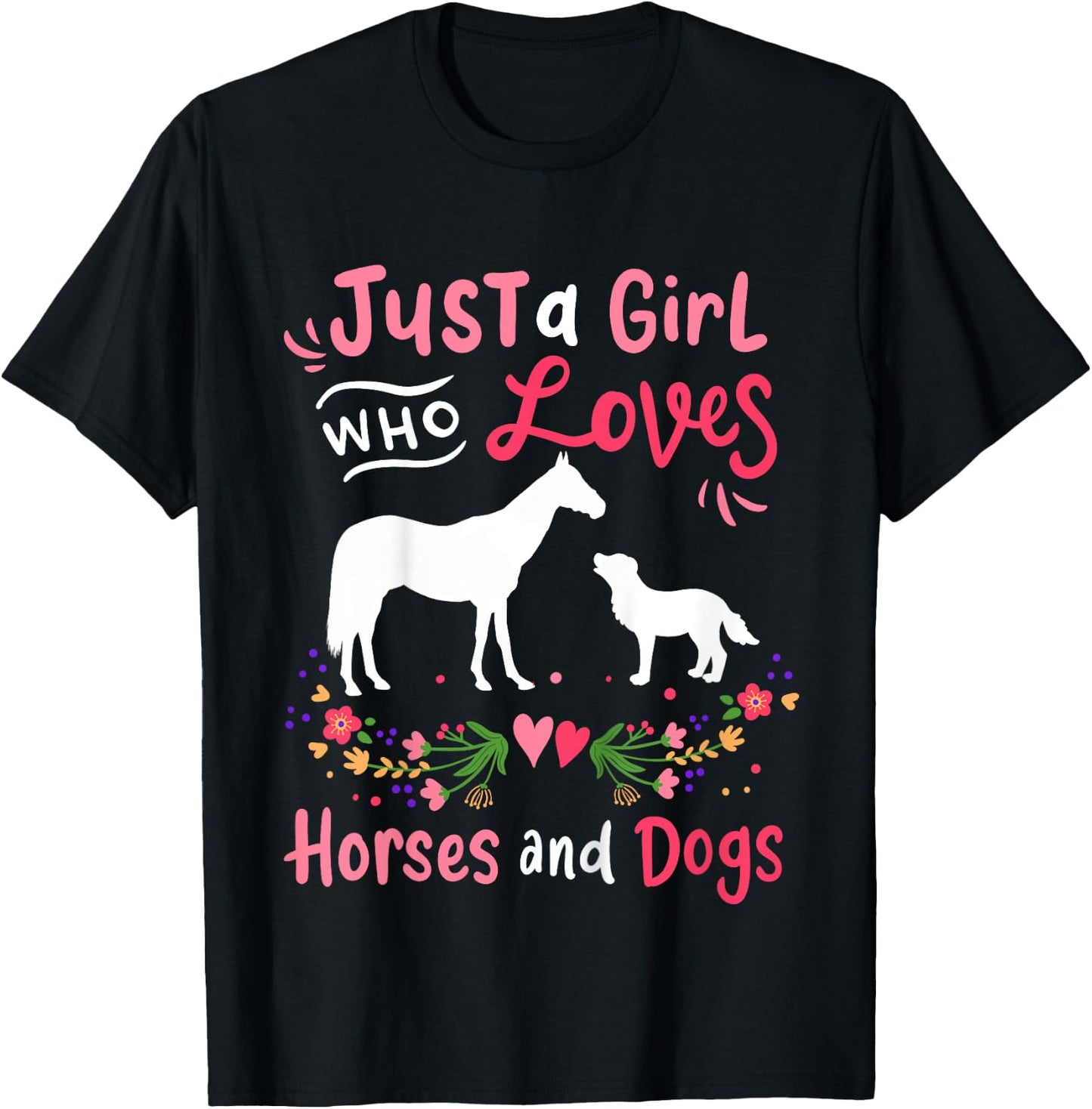 Kids Horse Dog Just A Girl Who Loves Horses And Dogs T-Shirt - T-Shirt | Black