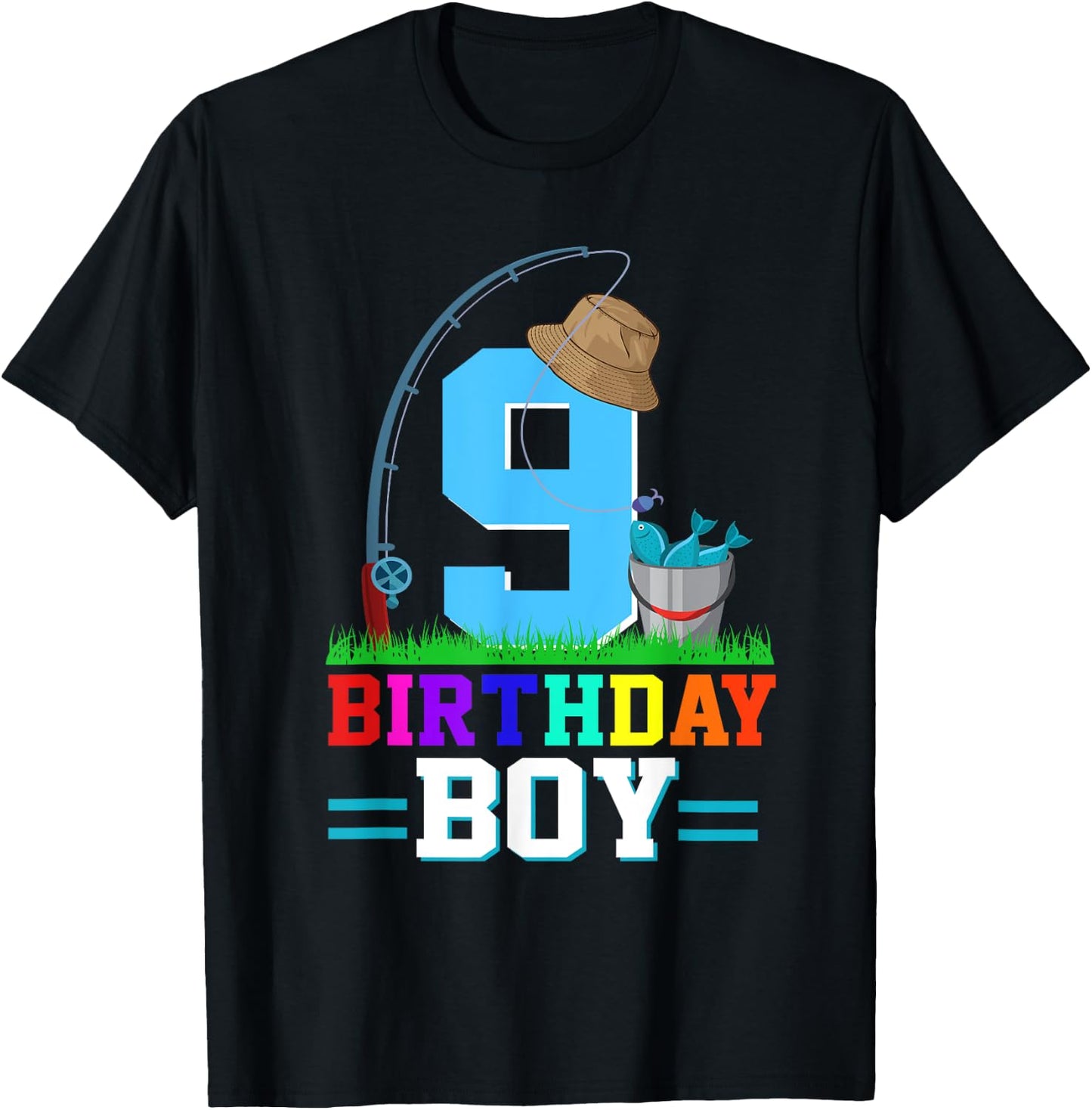 9 Year Old Fishing 9th Birthday Boy Bday Party Decorations T-Shirt - T-Shirt | Black