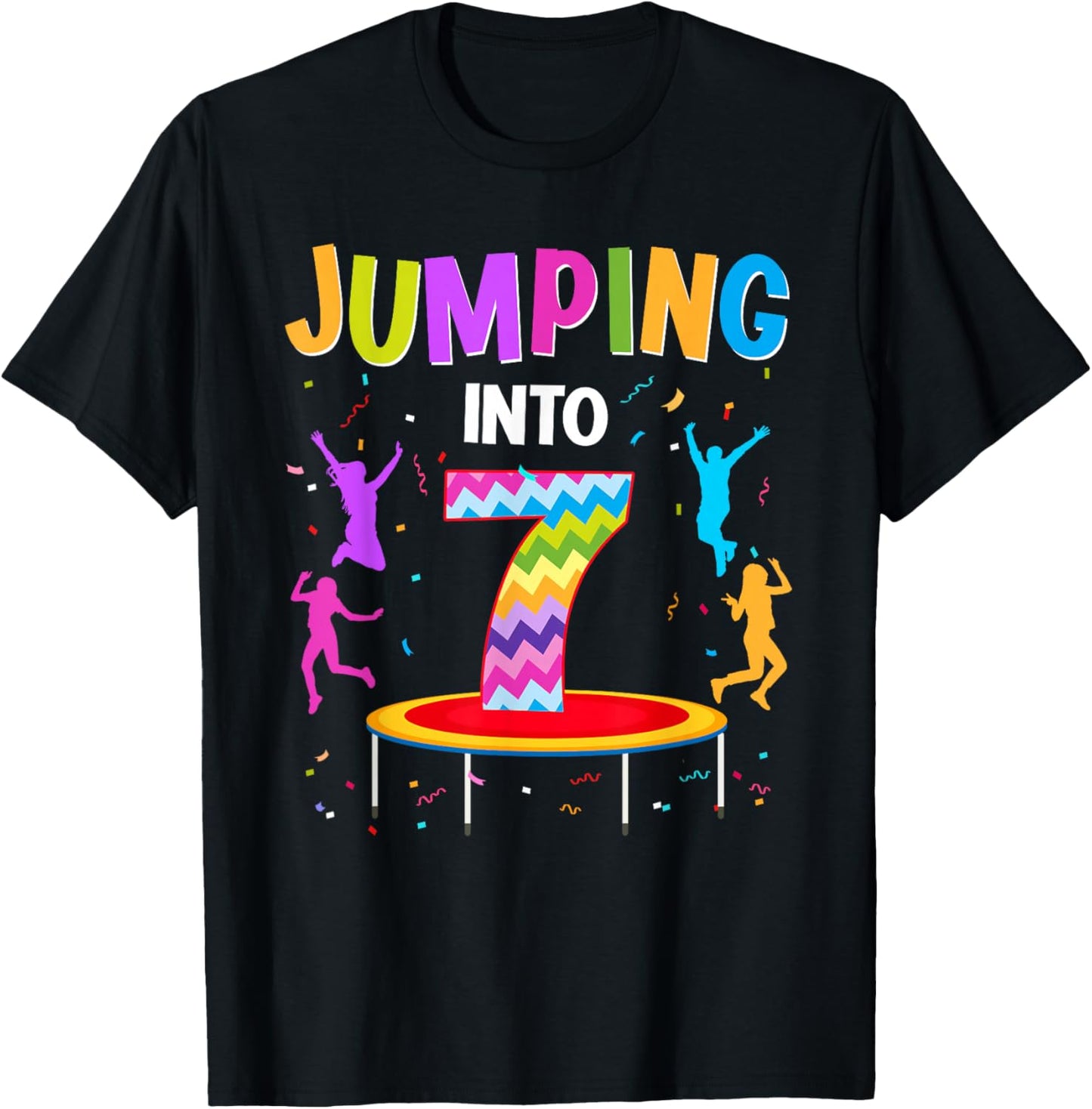 Jumping Into 7th Birthday Trampoline 7 Year Old Jumper T-Shirt - T-Shirt | Black