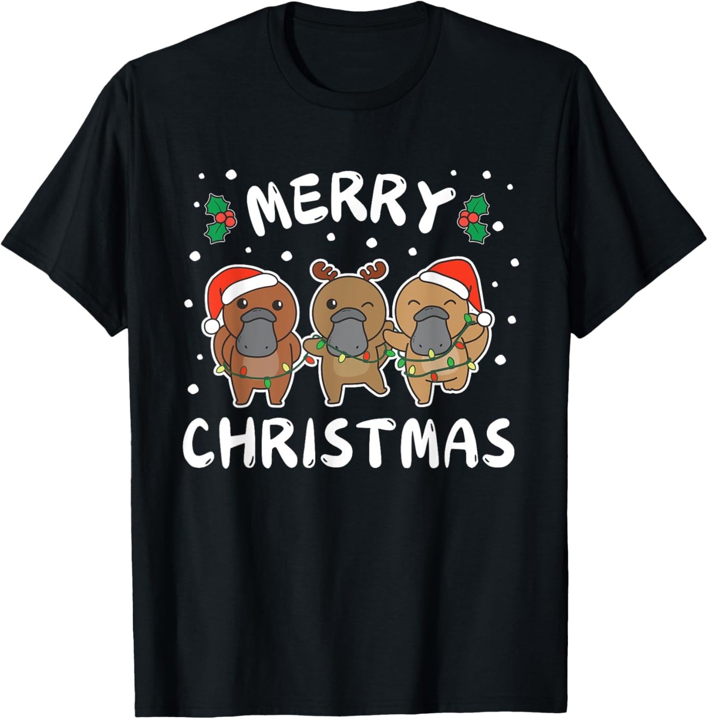 Merry Christmas Cute Platypus Festive Lights Platypus T-Shirt - T-Shirt | Black