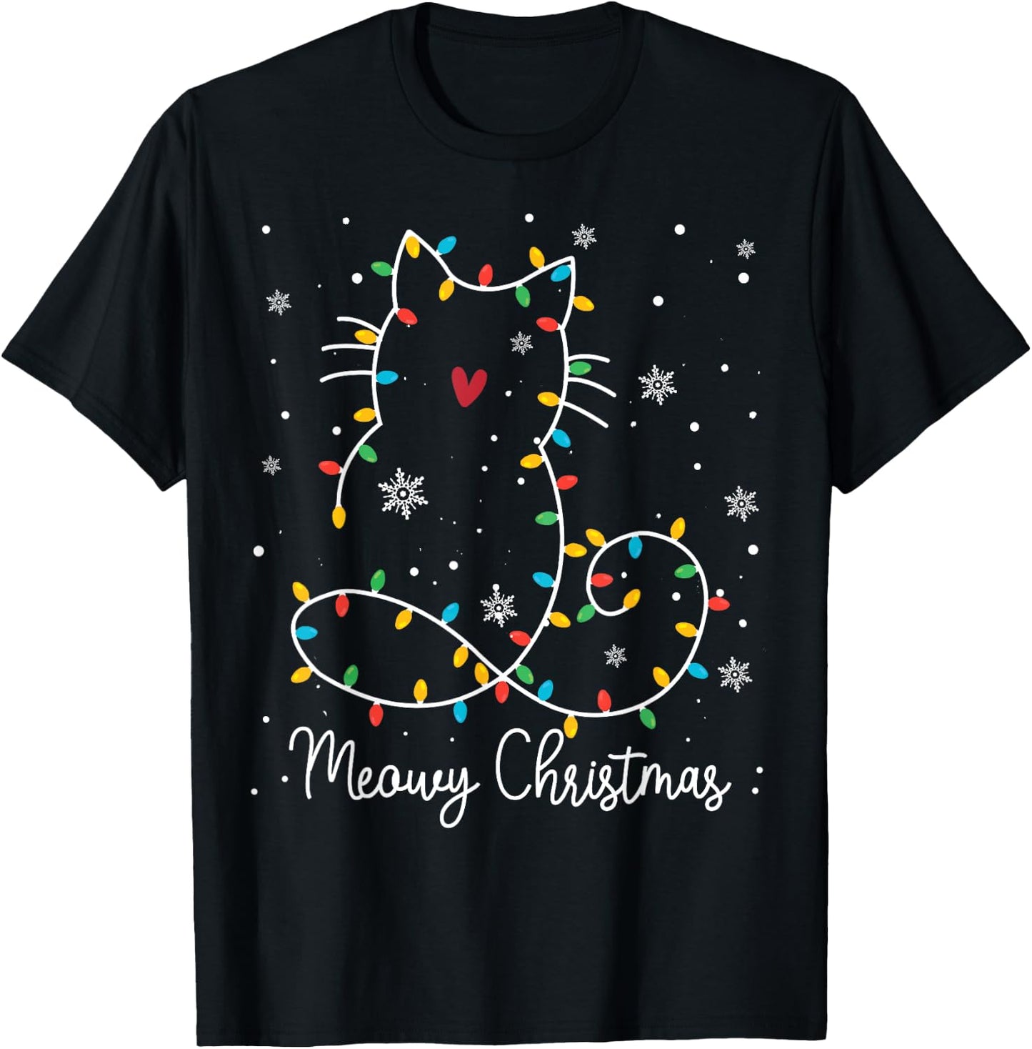 Cute Cat Meowy Christmas Light Cat Lover Mom Dad Merry Xmas Men Women Kids T-Shirt - T-Shirt | Black