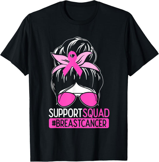 Support Squad Messy Bun Pink Warrior Breast Cancer Awareness T-Shirt - T-Shirt | Black