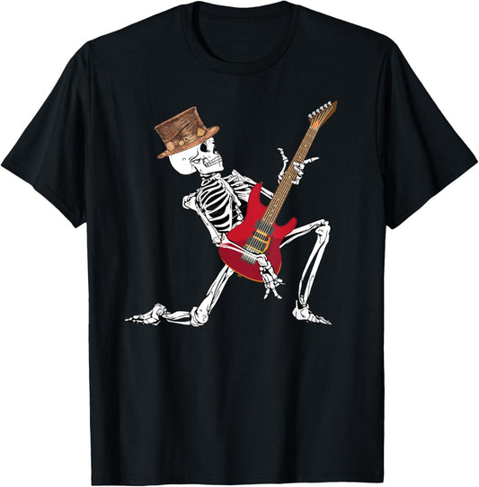 Skeleton Playing Electric Guitar Funny Halloween T-Shirt - T-Shirt | Black