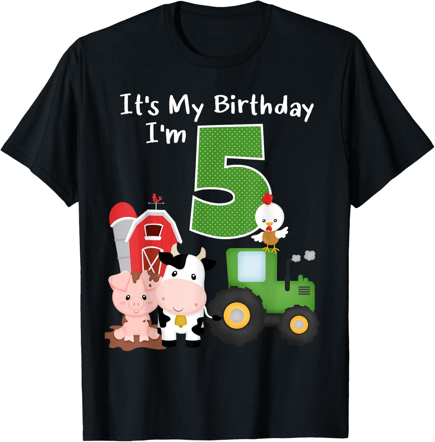 Farm Barnyard Animals Tractor 5th Birthday 5 Year Old Bday T-Shirt - T-Shirt | Black