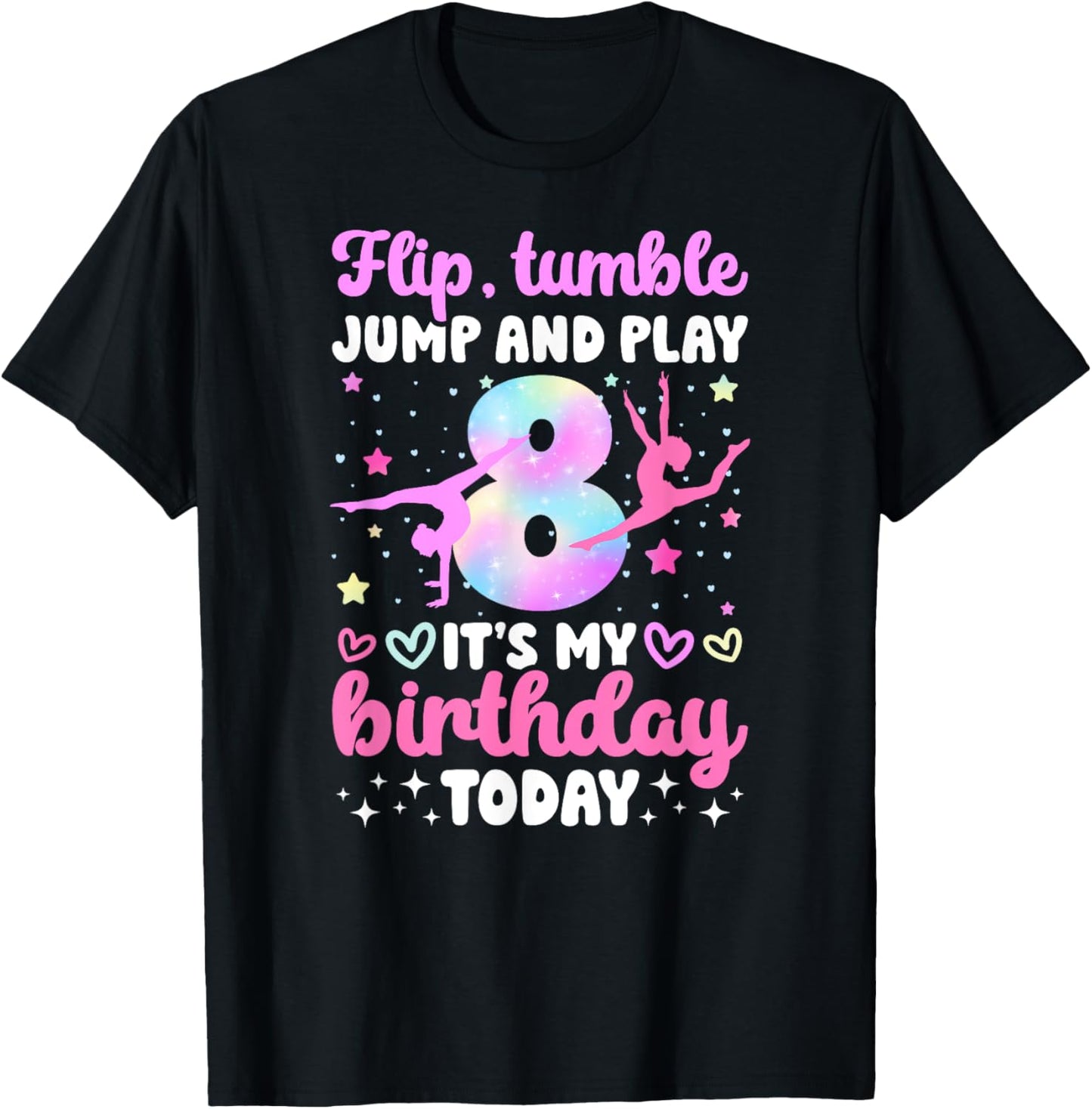 8th Gymnastics Birthday Party Eight Year Old Gymnast Girl T-Shirt - T-Shirt | Black
