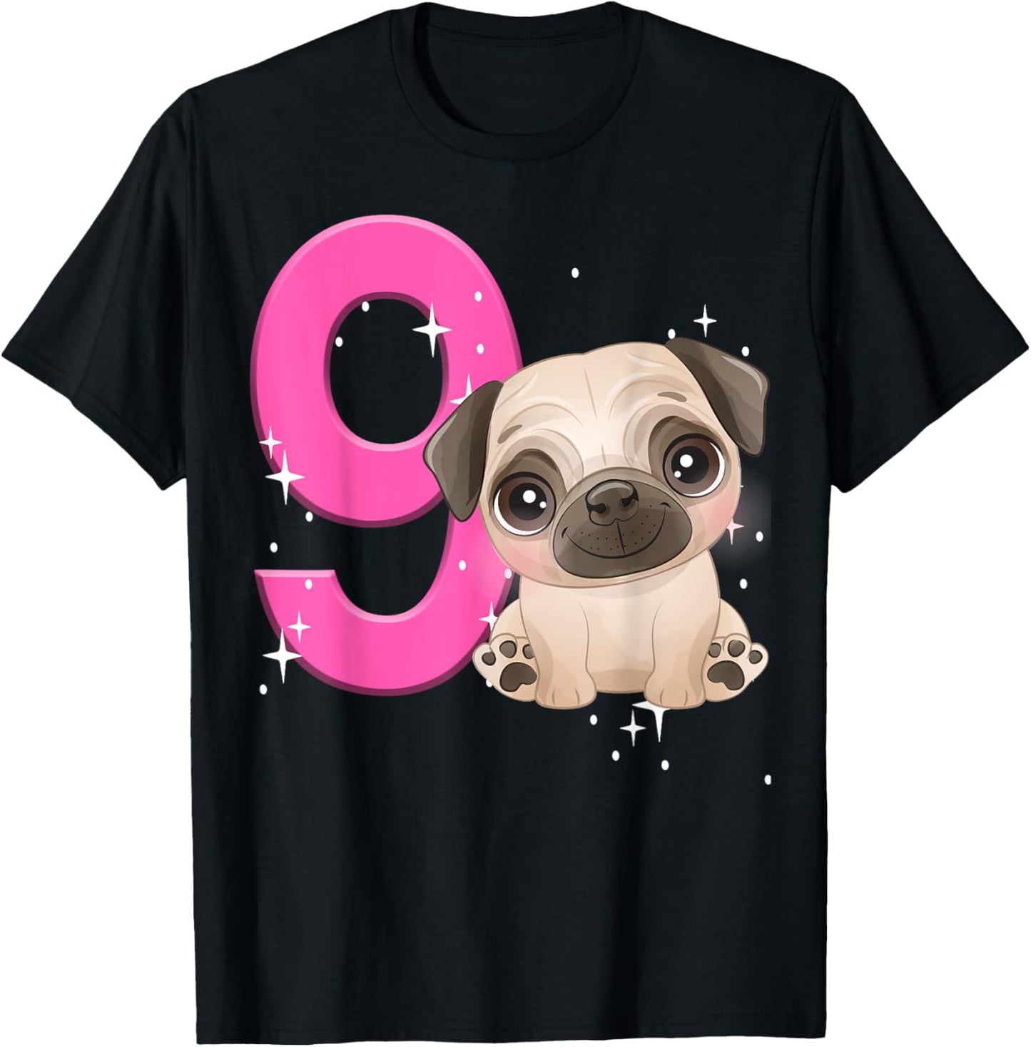 9th Birthday Girl Pug Dog Birthday Shirt Party Pug Kids Nine T-Shirt - T-Shirt | Black