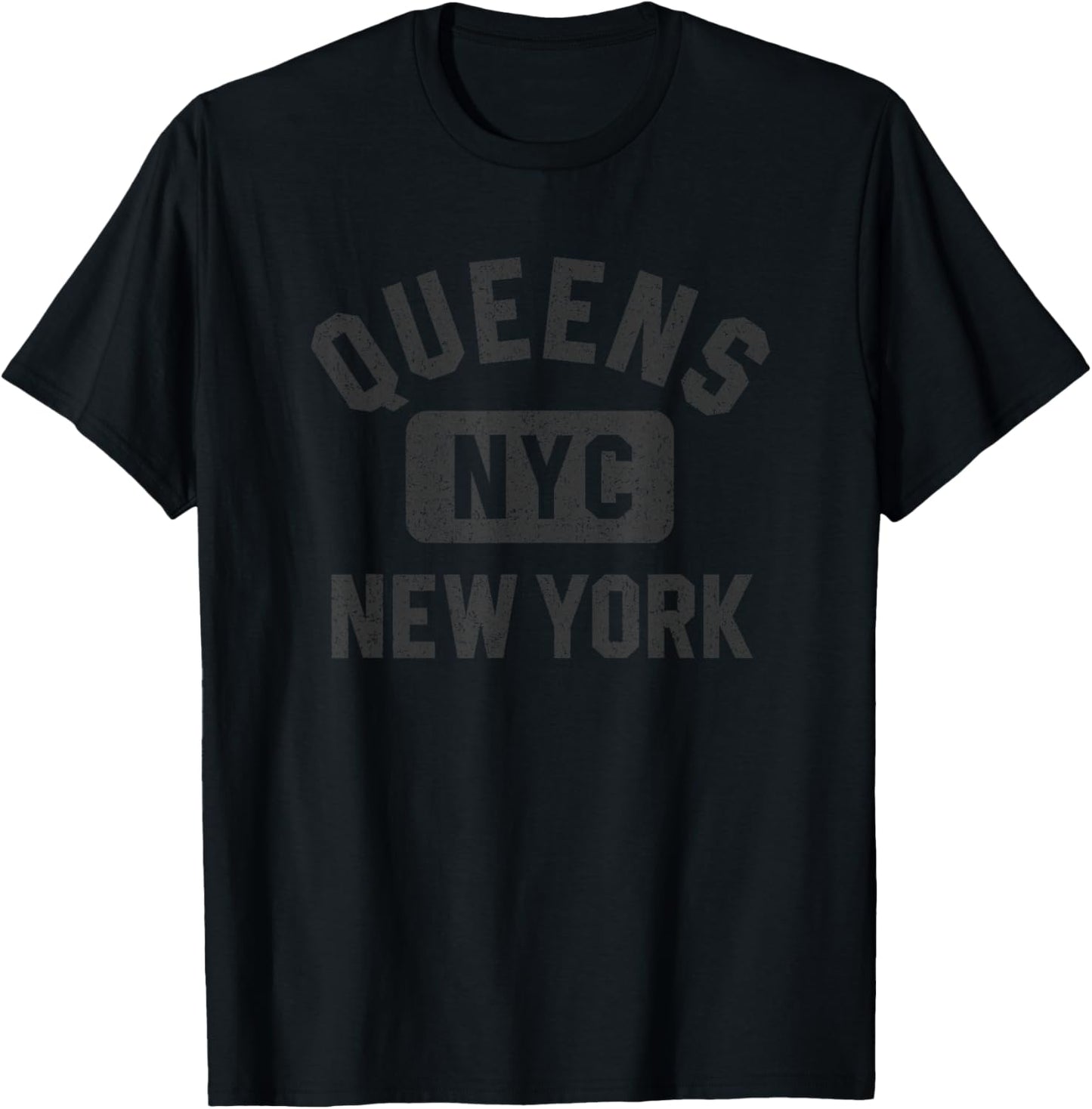 Queens NYC New York Gym Style Distressed Black Print T-Shirt - T-Shirt | Black
