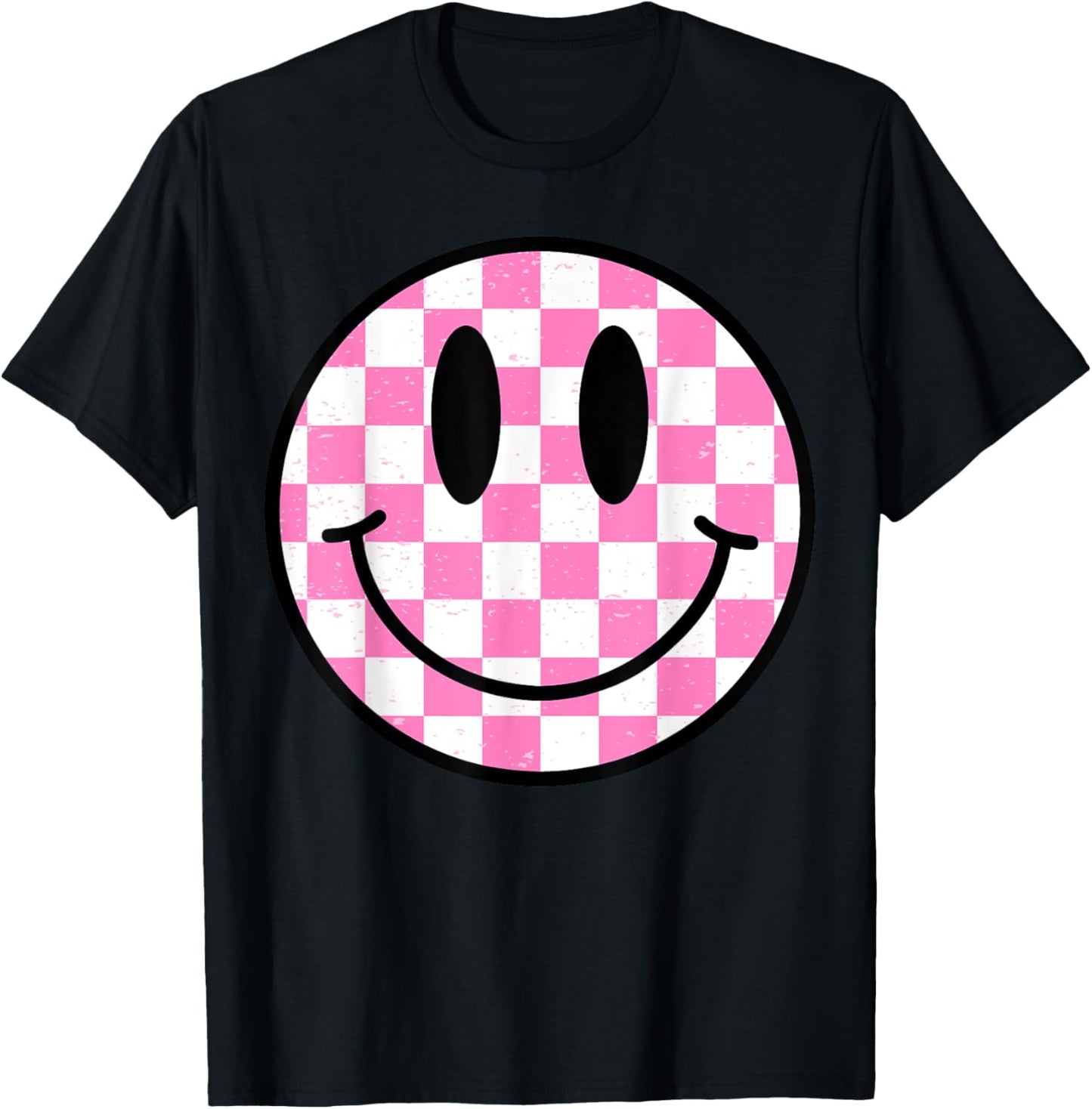 Pink Happy Face Checkered Pattern Smile Face Trendy Smiling T-Shirt - T-Shirt | Black
