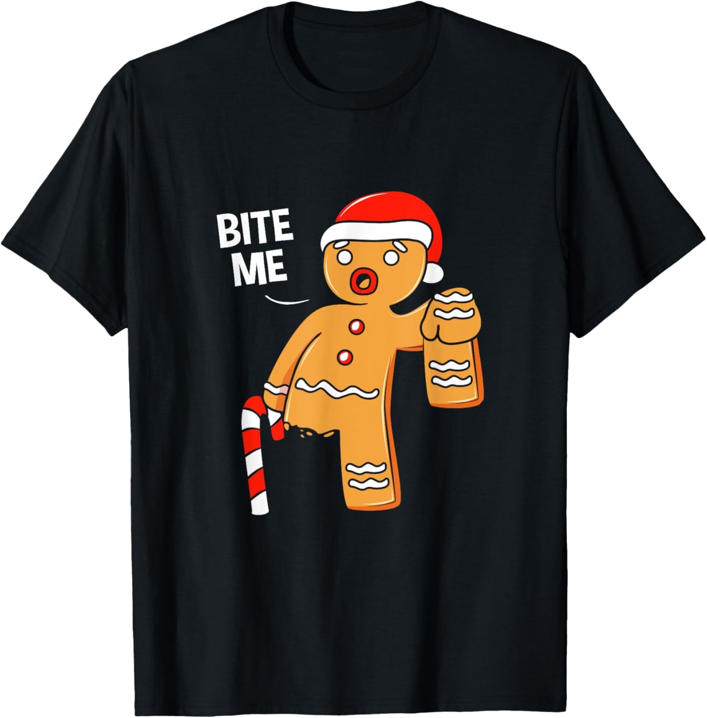 Funny Gingerbread Cookie Bite Me Christmas Candy Cane T-Shirt - T-Shirt | Black