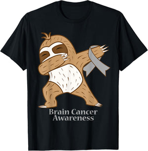 Brain Cancer Awareness Ribbon Dabbing Sloth Warrior Gift T-Shirt - T-Shirt | Black