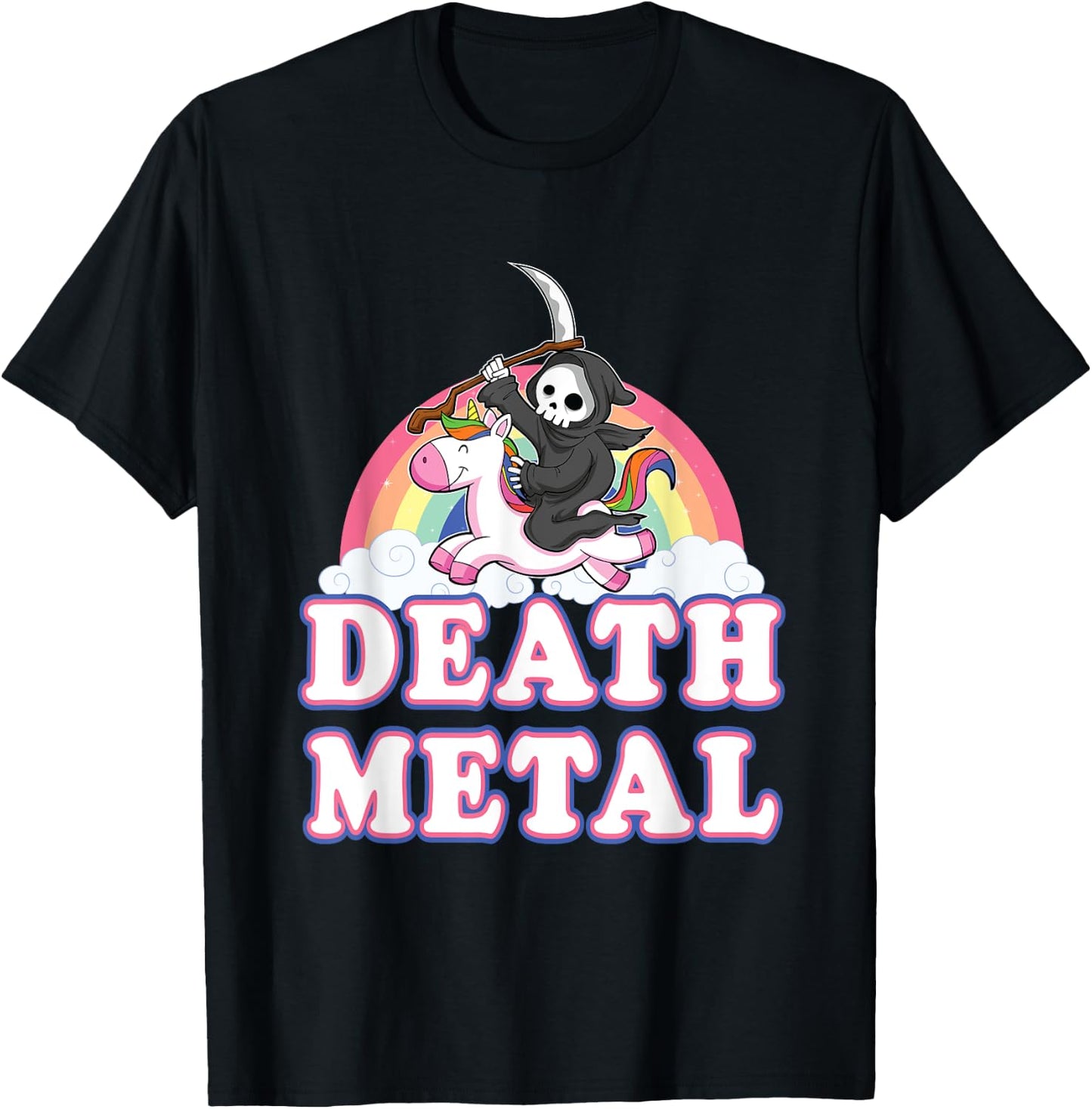 Death Metal Rock Music Rainbow Grim Reaper Riding Unicorn T-Shirt - T-Shirt | Black
